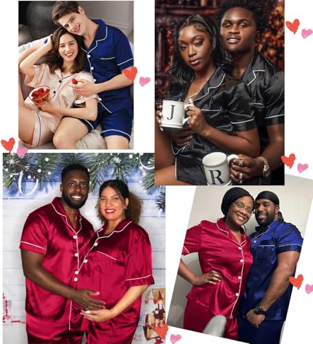Image of SWOMOG Satin Matching Pajamas Sets Couple Silk Button Down Nightwear Women & Men Short Sleeve Sleepwear 2 Pieces Loungewear