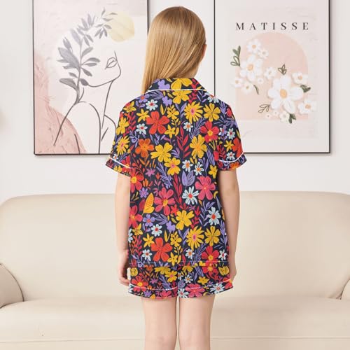 ALAZA Beautiful Floral Field Pajamas Satin Pajama Set Short Sleeve Button Down Sleepwear4