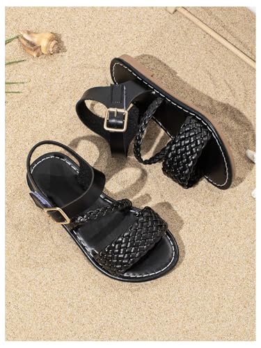 Image of GORGLITTER Girl's Leather Ankle Strap Flat Sandals Dressy Braided Round Open Toe Summer Vacation Beach Cute Sandals 2025