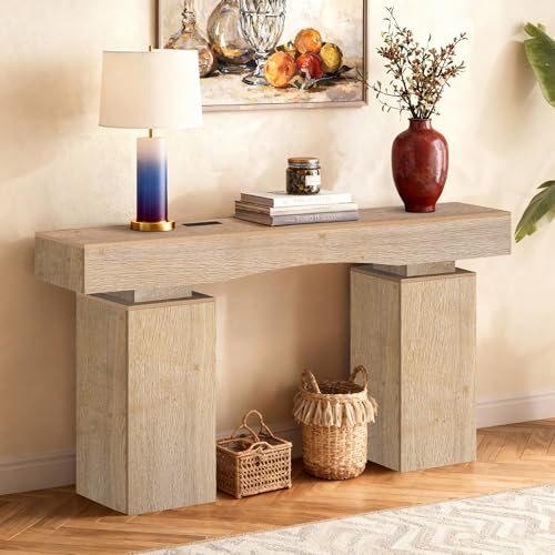 Image of Sonharlar 63 Inch Long Entryway Table Bold, Wooden Console Table with Socket Farmhouse Sofa Table for Entrance, Hallway, Living Room, Behind Couch(Oak Brown)