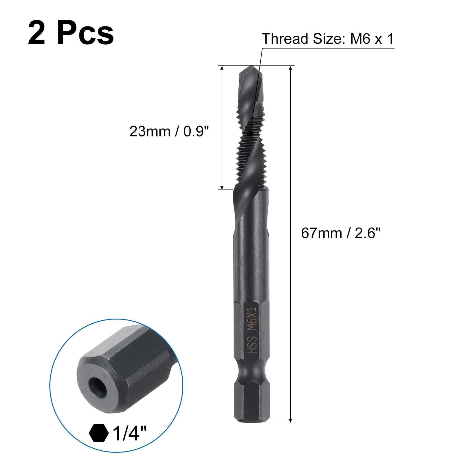 sourcing map Juego de 2 brocas combinadas M6 x 1 rosca métrica 1/4 pulgadas vástago hexagonal nitruro 4341, kit de perforación acero