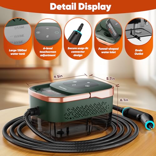 Image of Steam Cleaner, 2500W Home Handheld Grout Steam Cleaning Machine with 1.32QT Transparent Tank & 10 Attachments for Range Hood, Stove, Tile, Upholstery, Car Detailing & More (Green /Gold)