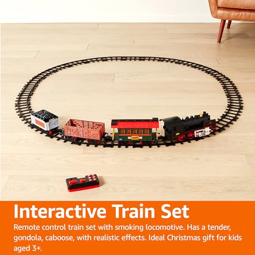 Image of Amazon Basics Remote Control Steam Engine Hobby Train Set with Tender and Gondola and Caboose Smoking, working light and realistic sounds Age 3 or up Perfect for Kids, Multicolor