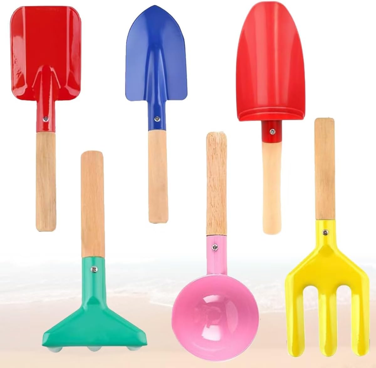 8'' Kids Gardening Set, 6 Pcs Beach Toys, Kids Metal Sand Toys Sandbox Toys, Children Sand Toys Gardening Set with Sturdy Wooden Handle, Beach Shovels for Kid Ages 3-8