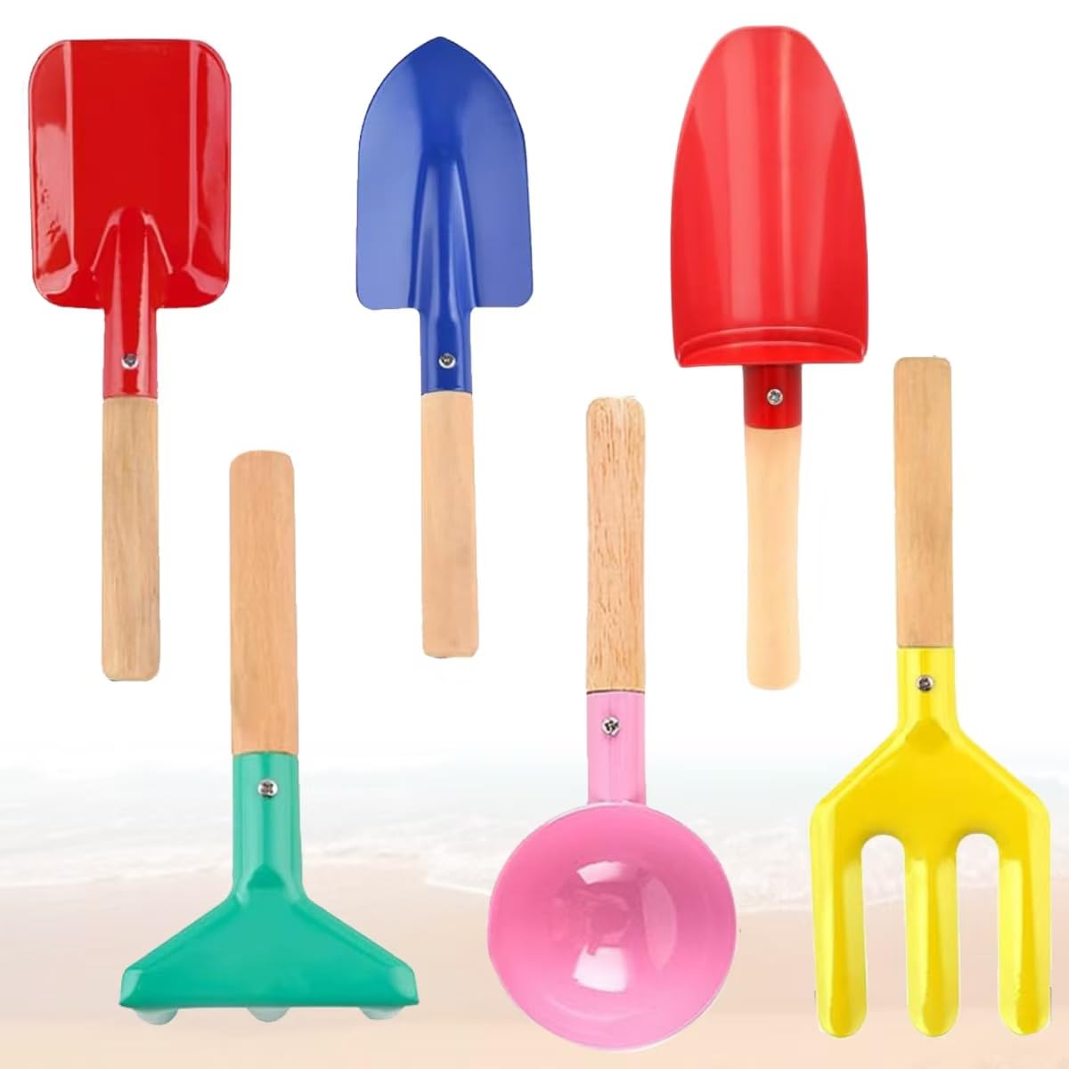 MEIDAYAI 8'' Kids Gardening Set, 6 Pcs Beach Toys, Kids Metal Sand Toys Sandbox Toys, Children Sand Toys Gardening Set with Sturdy Wooden Handle,