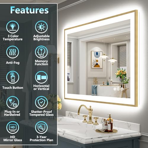 Image of 44x36 Gold LED Bathroom Mirror with Lights, Backlit & Front Lit | Brushed Gold Framed, Anti-Fog Lighted Vanity Mirror, Dimmable, 3-Color Temp, Memory, CRI95, HD Tempered Glass, UL Listed