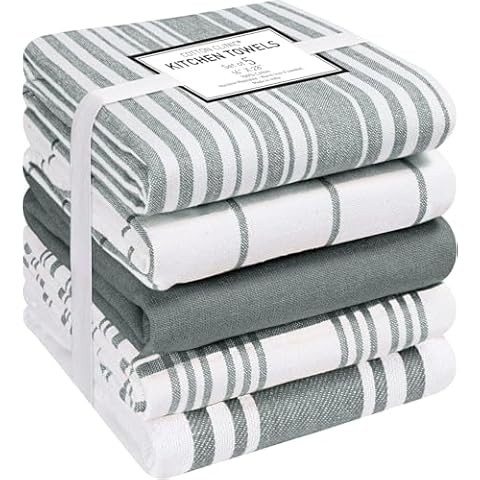 Cotton Clinic Assorted Kitchen Towels 5 Pack – Soft Absorbent Quick Drying Table & Kitchen Linen - Dish Towels, Dish Cloths, Tea Towels and Cleaning Towels with Hanging Loop – 16x28 / Grey White Cover