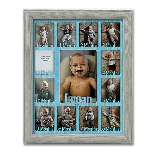 Northland My First Year Photo Frame | Personalized - Add Any Name | 12 Month Picture Frame for Babys First Year | Twelve 2.5" x 3.5" Newborn Photos and 5" x 7" | Milestone |Light Gray Frame Aqua Mat
