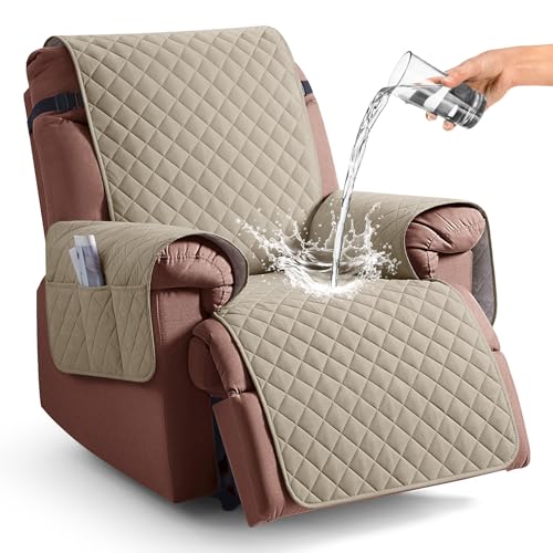 Image of KinCam 100% Waterproof Recliner Chair Cover, Reclining Couch Covers for Pets, Dogs, Recliner Couch Slipcover Furniture Protector with Elastic Straps for Kids(30 inch, Khaki)