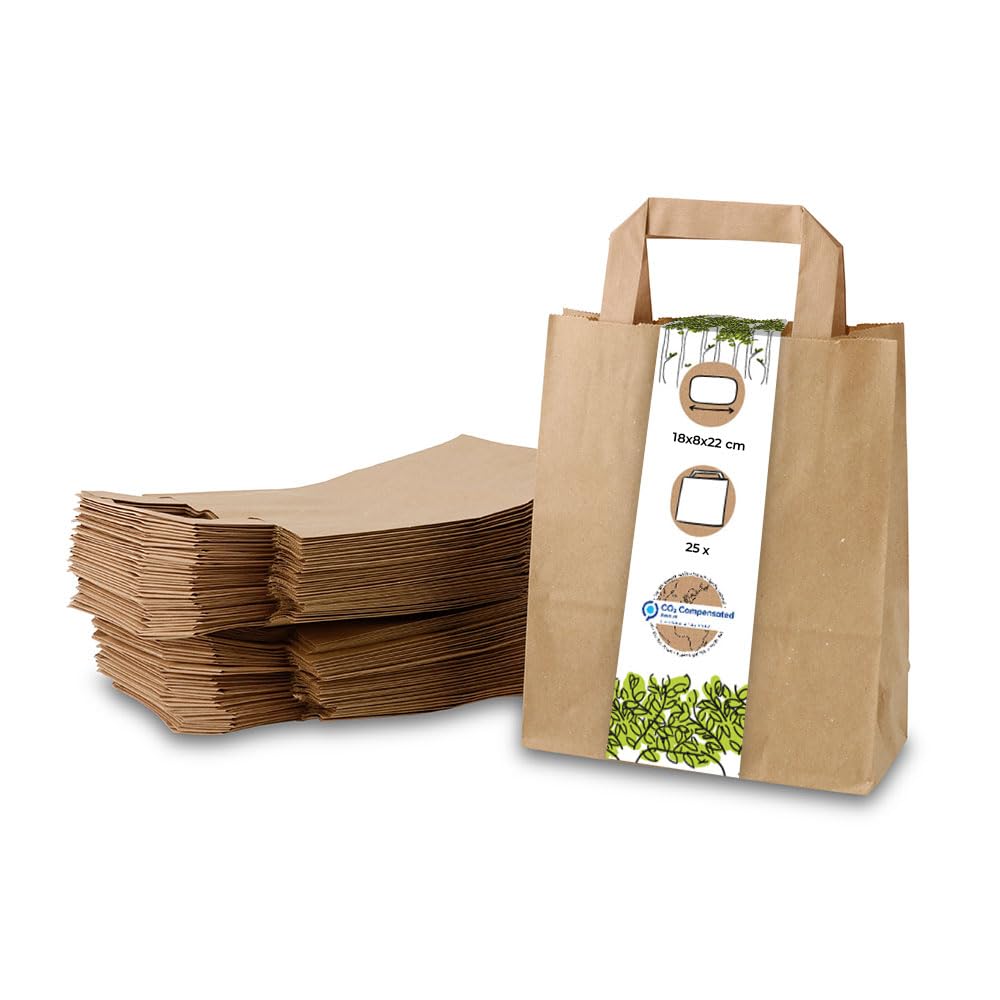 GREENBOX Ekologiczne papierowe torebki do noszenia, duże, papierowe torebki na prezenty, biodegradowalne, kompostowalne, 25 brązowych torebek papierowych 18 x 8 x 22 cm