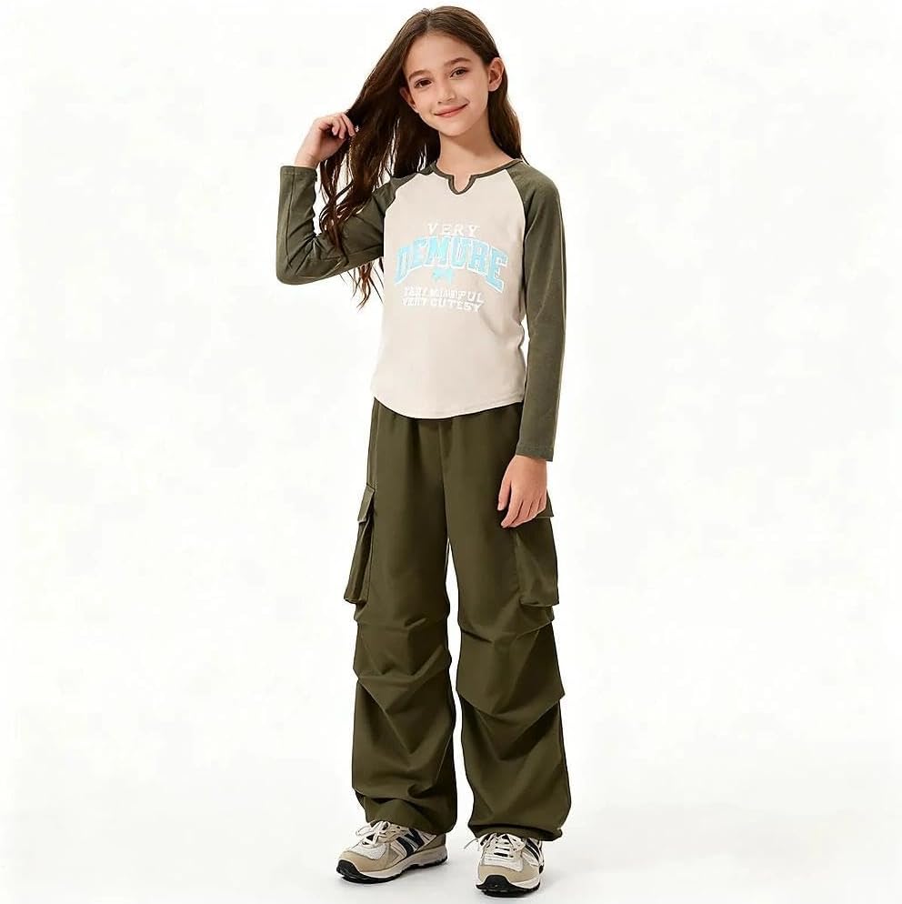 Sizes 5-12 Years Girls 2 Piece Outfit Fashion T-Shirt Top + Cargo Pants Girls Fall Clothing Set - Image 4