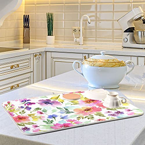 Floral Dish Drying Mats For Kitchen Counter Large Drying Mat For Dishes Microfiber Dish Rack Mat Kitchen Decor Spring Summer Flower Drainer Pad Washable Foldable Ultra Absorbent Dry Mat 18×24 Inch #TOP5