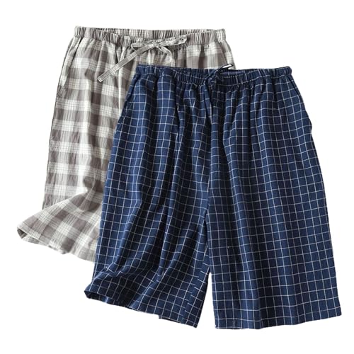 Men's 2-Pack Plaid Pajama Shorts Cotton Pj Bottoms Printed Sleep Shorts Sleeping Lounge Soft Summer