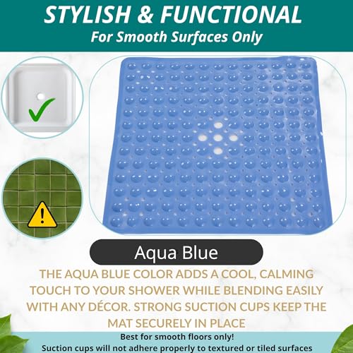 Image of ENKOSI Square Shower Mat - 21 x 21 Inch Non-Slip Bathroom Shower Stall Mat with Suction Cups and Drain Holes - Anti-Slip Bathtub Shower Mats for Inside Shower (21x21 Aqua Blue)