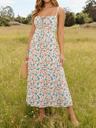 Image of YATHON Women's Summer Midi Corset Boho Dresses Spring Casual Floral Spaghetti Straps Lace Up Dress Flowy Aline Beach Sundress