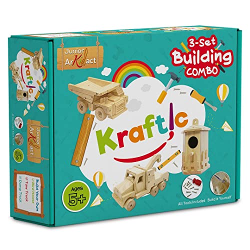 Kraftic Woodworking Building Kit For Kids And Adults, 3 Educational Diy Carpentry Construction Wood Model Kit Toy Projects For Boys And Girls - Build A Wooden Military Jet Race Car And Tractor Trailer #TOP3