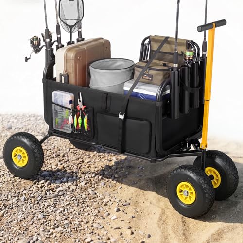 VEVOR Beach Fishing Cart, 300 lbs Load Capacity, Foldable Fishing Cart with Heavy-Duty Carbon Steel Frame, 11-Inch All-Terrain Tires, 8 Rod Holders, Strap, Easy to Clean, for Outdoor Camping Picnic