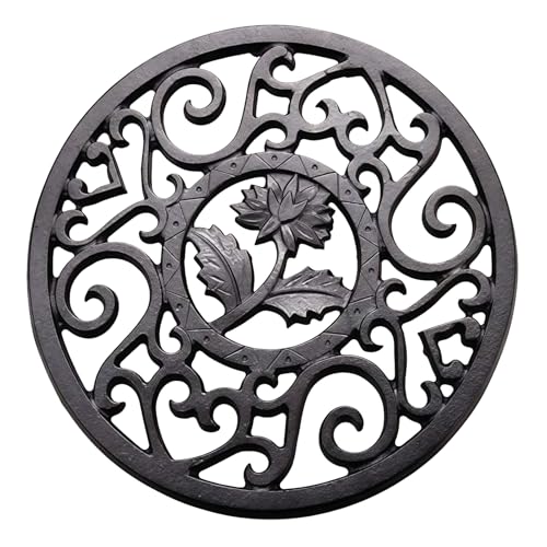 11.5CM Round Cast Iron Trivet Tea Pot Carved Stand, Delicate Vintage Pattern Heat-Insulation Ironwork Mat Non Slip Metal Coasters with Peg Feet Protect Desktop Table Kitchen Dining Decor Gift (Black)