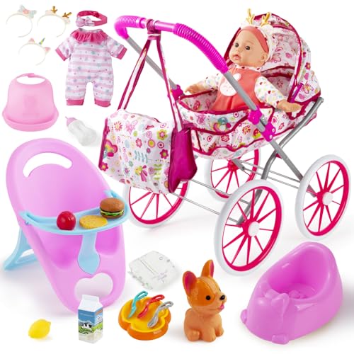 seppacio Baby Doll Stroller Toys Set with 12.5' Doll for 3-7, Foldable Stroller, Dining Chair, Accessories & 1 Outfits,Pretend Play Baby Doll Toys for...
