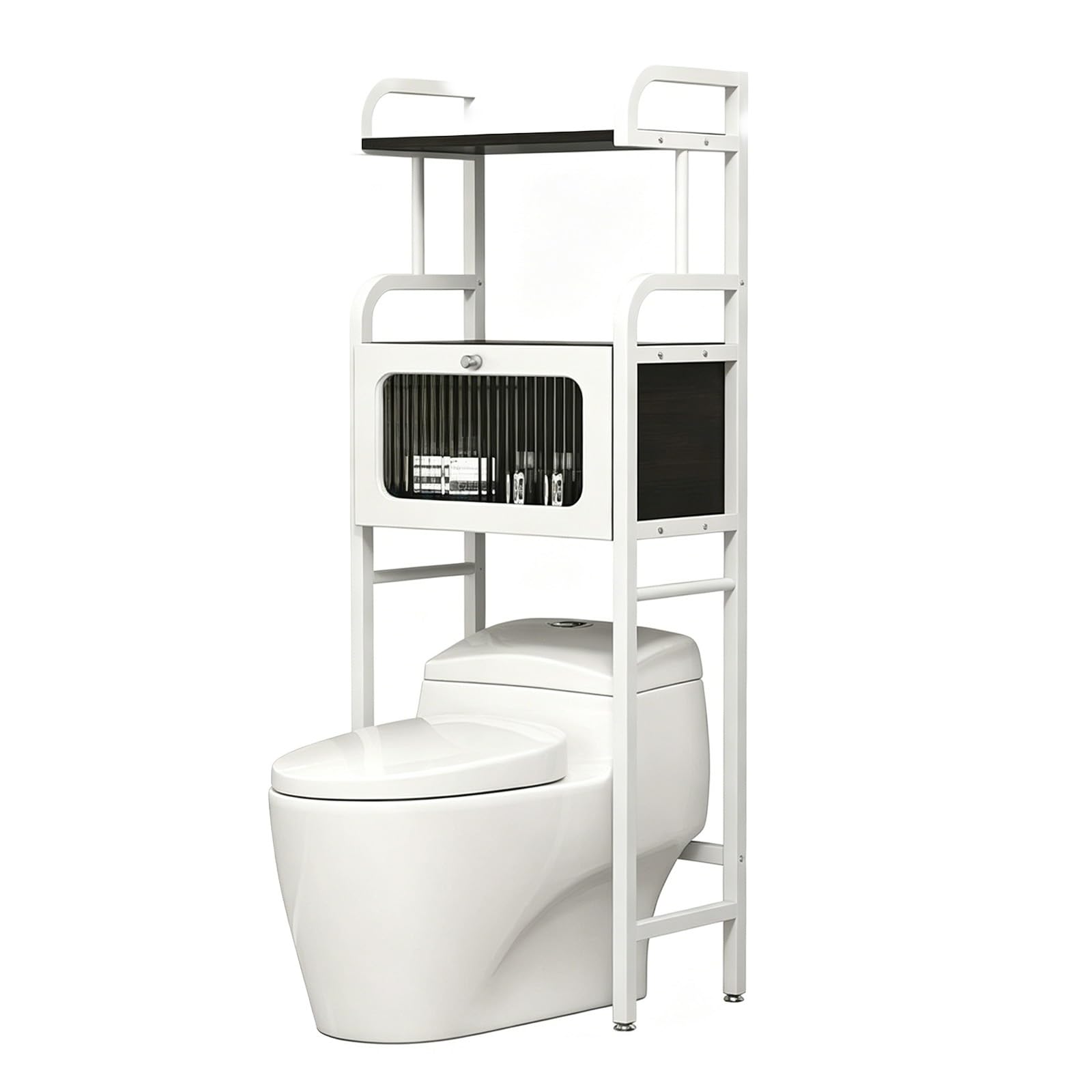 Freestanding Over The Toilet Storage Rack,3-Tier Bathroom Organizer, No Drilling Metal Shelf, Rustproof Space Saver(3-Tier White+Black 21.7x11.8x66.1in)