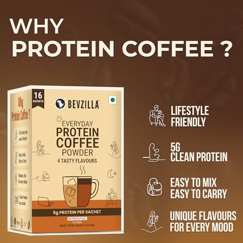 Image of Bevzilla Everyday Protein Instant Coffee Powder Sachets |160 GM(16x10g)| 5g Protein Each | Arabica Coffee | No Added Sugar | Hot & Cold Coffee Premix for Energy & Fitness (Pack of 2)