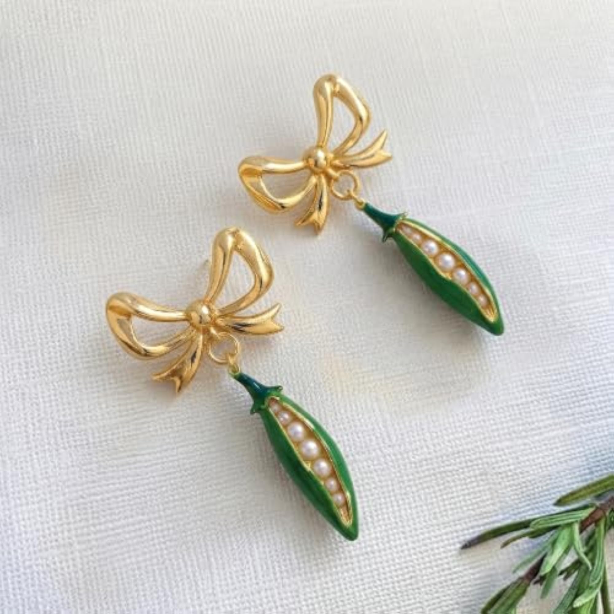 Women's Pea Pod Drop Earrings with Gold Bow Studs