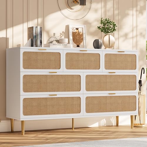 Garvee Rattan Dresser with 7 Drawers, Tall Modern Closet with Deep Storage, Large Chest of Drawers with Wide Top, Long Wooden Dresser for Bedroom, Liv
