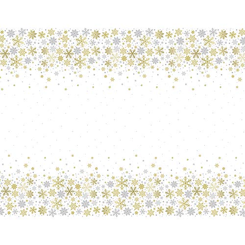 Unique Party - Mantel de Plástico de Navidad - 2,13 m x 1,37 m - Diseño de Copos de Nieve de Plata y Oro (77123)