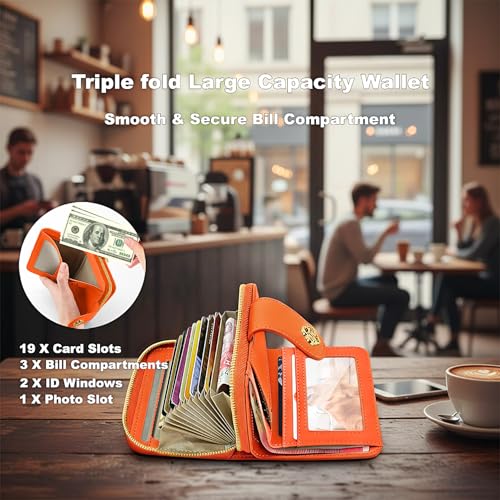 Image of Credit Card Wallets for Women, Leather Cardholder with Zipper Around, Small RFID Ladies Wallet, Accordion Compact Bifold Purse for Travel, 19 Card Slots, ID Window, Cash Organizer - Orange