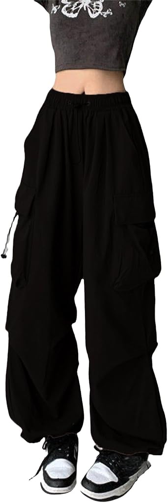 Canbebig Parachute Pants for Women Elastic High Waist Loose Pants Trendy Ruched Cargo Pants Multiple Pockets Jogger Y2K