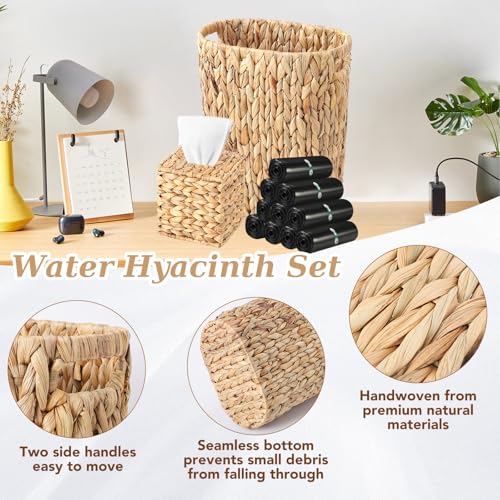 Image of BSSN 4 Gallon Wicker Trash Can Handwoven Bathroom Trash Can,Square Water Hyacinth Tissue Box Cover, Narrow Small Waste Basket,Black 150 Count 5 Gallon Trash Bags Rustic Decor Set for Bedroom & Office