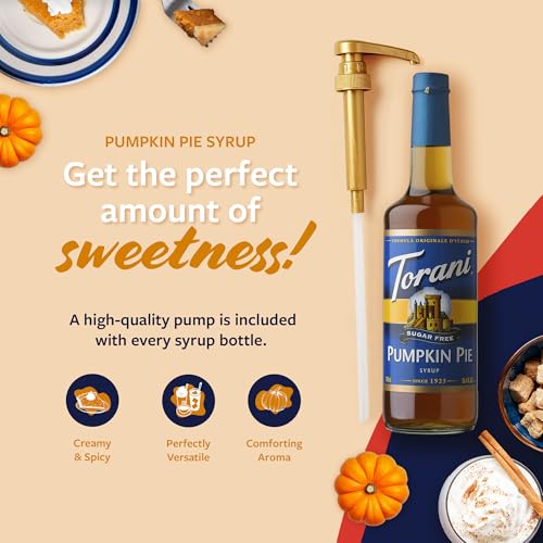Image of Torani Sugar Free Coffee Syrup, Pumpkin Pie Flavored Syrup for Drinks, Zero Calorie, Glass Bottle 4-Pack, Pumps Included, 25.4 Fl Oz