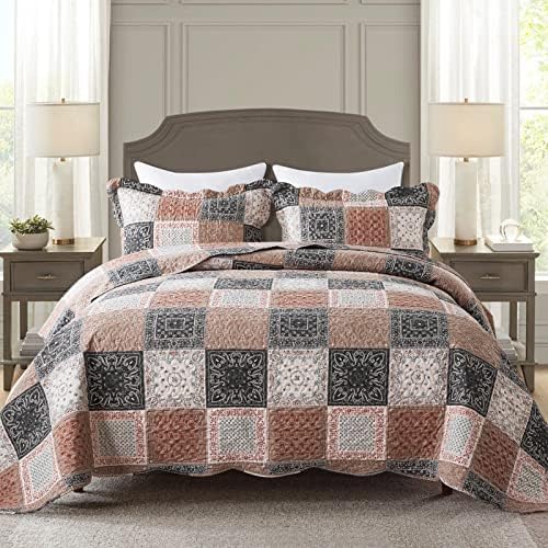 HoneiLife King Quilt Bedding Set - 3 Pieces Vintage Quilt Sets Microfiber Bedspreads Floral Coverlets Retro Bed Cover All Season Quilts