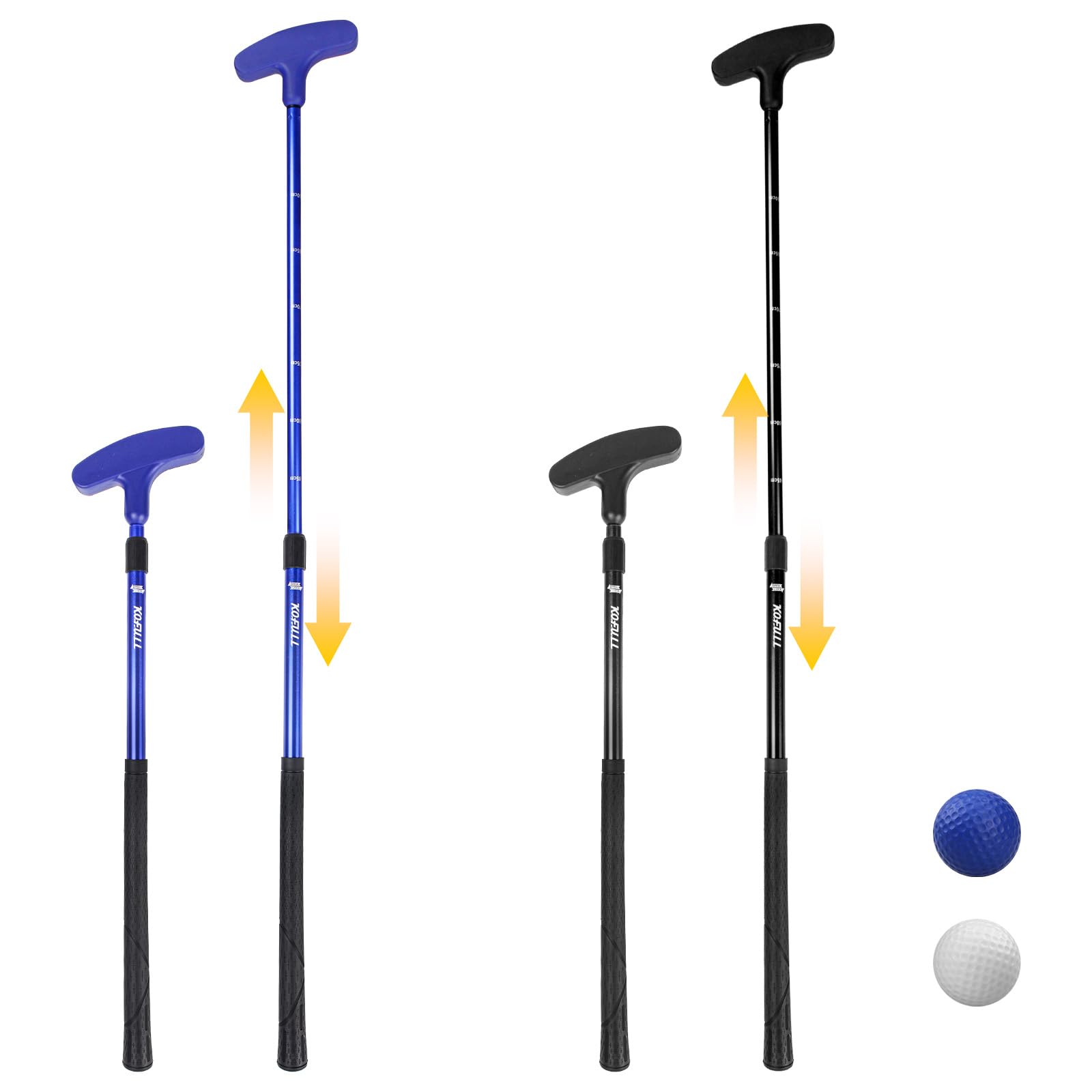 KOFULL Lot de 2 putters de Golf réglables, Bleu et Noir, Tige Extensible de 53,3 à 91,4 cm pour Tous Les âges, avec 2 balles de Golf d'entraînement
