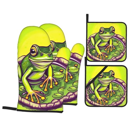 Frosch im Teich, Premium-Ofenhandschuhe und Topflappen-Sets für ultimative Sicherheit und Bequemlichkeit in der Küche, Ofenhandschuhe, 4 Sets
