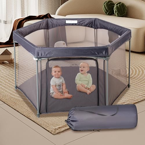 Image of Baby Playpen 53x53 Inch, Indoor /Outdoor Portable Play Yard No Extra pad Required with Breathable Mesh Walls, Enclosed Safe Space for Babies, Quick Foldable Playpen for Home Travel Park (Grey)