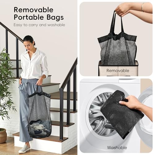 Image of 100L Laundry Hamper with Lid, Large Clothes Hampers with Removable Bag, Collapsible Laundry Basket for Bathroom, Bedroom, Laundry Room, Dorm, Beige