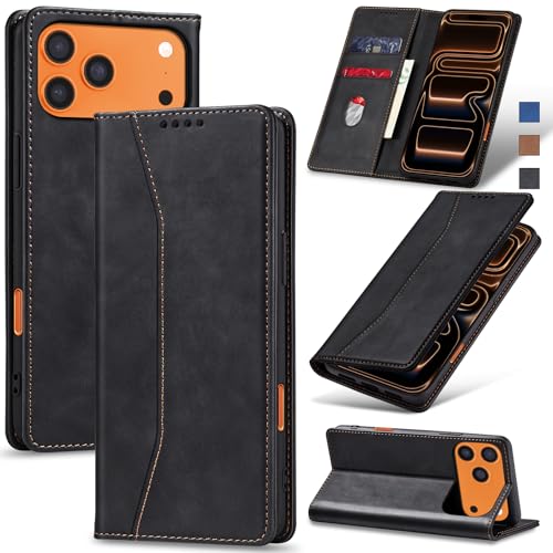 Image of Jasonyu Flip Wallet Case for iPhone 17 Pro Max,Leather Magnetic Folio Cover with Card Holder,Kickstand - TPU Shockproof Durable Protective Phone Case,Black