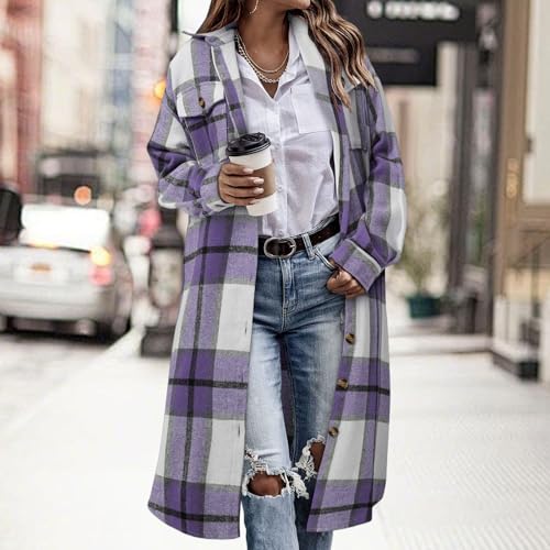 Flannel Shirt Women Long Corduroy Plaid Shacket Jacket Long Sleeve Tartan Shirt Lapel Button Trench Coat with Pocket2