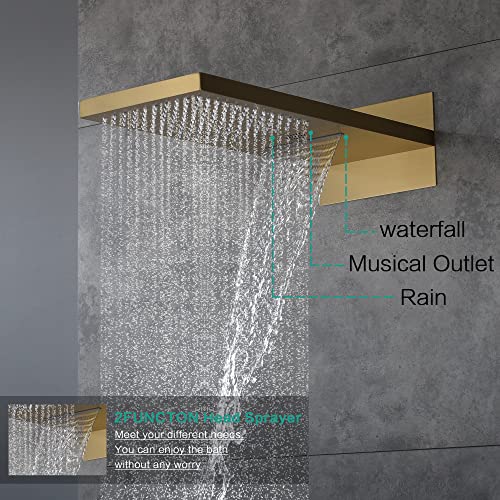 Cascada 9"x22” Modern LED shower system (Wall Mounted) with built-in Bluetooth Speakers, 4 function (Rain, Waterfall, body jets & Hand Shower) & 64 Color LED Lights (Brushed Gold) miniatura 3