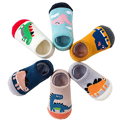 Baby Socks for Girls Boys - Toddler Animal No Show Non Slip/Anti Skid Slippers 6 Pairs 0-3 Years (6 Pairs Dinosaur socks, 1-2 Years)