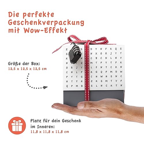 SURPRISA Geschenkbox, Rätselbox Geldgeschenke Verpackung, Gutscheine zum Geburtstag oder Hochzeit, Worträtsel, Größe S (12cm)