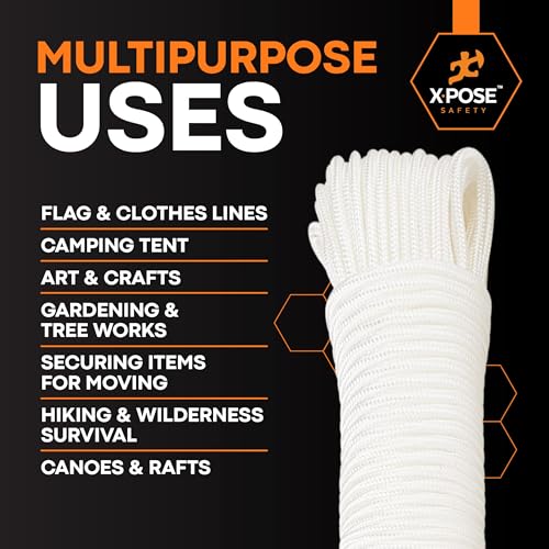 Xpose Safety 1/8" Reflective Nylon Cord Rope – 100 ft White Guyline, Braided Tent Line for Camping, Tarps, Tie Downs, Outdoor Use & Cordage - image 7