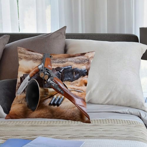 KHWEJ Fundas Cojines 45x45 cm,Decoración de Caza, Materiales de Caza en Piel, munición para Rifle, Cartucho, cuchil,Fundas de Almohada con Estampado Fundas Cojines Sofa para sofá, Dormitorio, Oficina