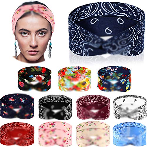 12 Pieces Criss Cross Headband Boho Headbands Floral Print Head Wrap Paisley Knot Headband Elastic Turban Twisted Bandana Hairband for Girls and Women, 12 Colors