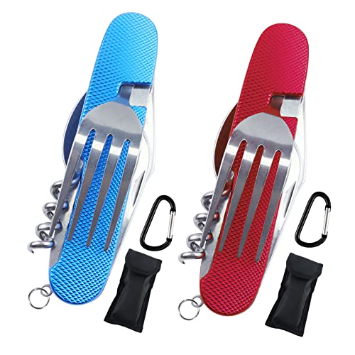cersaty 2 Pcs 6 en 1 Couverts de Camping, Acier Inoxydable Couvert Pliable pour Voyage,Camping,Pique Nique(Couteau,Fourchette,Cuillère,Tire...