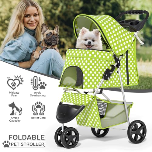 Image of MoNiBloom 3 Wheels Pet Dog Cat Stroller for Small Medium Dogs Cats, Foldable Jogger Stroller w /Storage Basket and Cup Holder, Lawn Green Polka Dots
