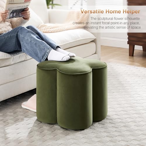 Image of Zesthouse Flower Pouf Ottoman Foot Rest, Velvet Fabric Poofy Ottoman Footstool for Couch, Modern Living Room Stool Seat, Cute Square Vanity Stool for Bedroom Dorm, Green