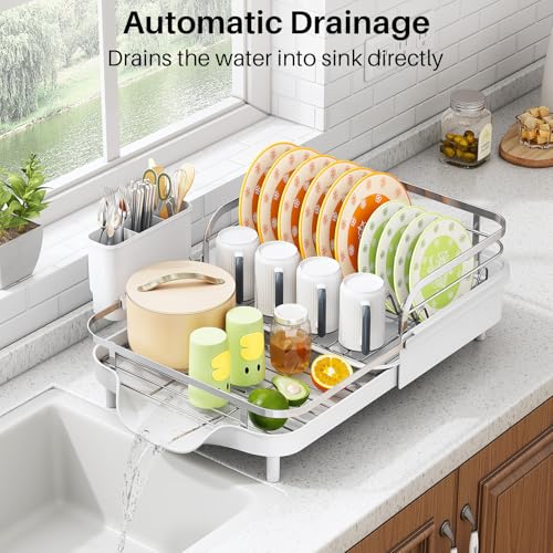 Image of SAYZH Dish Drying Rack - Expandable Dish Rack for Kitchen Counter, Rust-Resistant Dish Drainer with Utensil Holder and Raised Guardrail, Kitchen Organizer for Cup and Bottle (White)