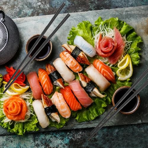 Set di 5 Bacchette Giapponesi da 24 cm in Fibra di Vetro, Lavabile in Lavastoviglie, Riutilizzabili in Lega Nera, Antiscivolo per Sushi - immagine 5